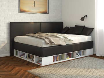 1,5-спальная детская кровать Lancaster 1, 140х200, ЛДСП белая, экокожа черная в Симферополе