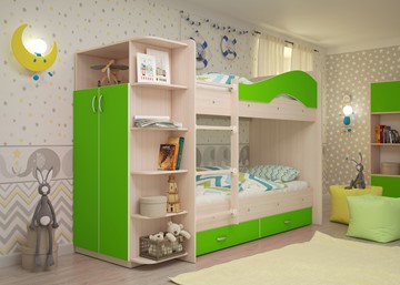 Детская двухэтажная кровать ТМК Мая на щитах со шкафом и ящиками, корпус Млечный дуб, фасад Салатовый в Симферополе