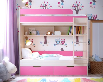 Детская 2-этажная кровать Ярофф Юниор-5, каркас Дуб, фасад Розовый в Симферополе