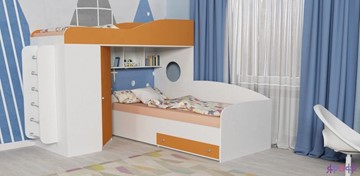 Кровать-чердак детская Кадет-2 с металлической лестницей, корпус Белое дерево, фасад Оранжевый в Симферополе