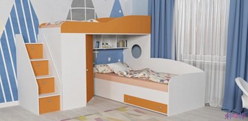 Кровать-чердак в детскую Кадет-2 с универсальной лестницей, корпус Белое дерево, фасад Оранжевый в Симферополе