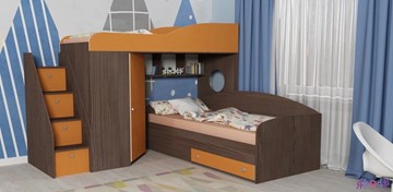 Детская кровать-шкаф Кадет-2 с универсальной лестницей, корпус Ясень анкор темный, фасад Оранжевый в Симферополе