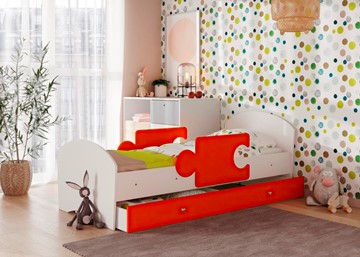 Детская кровать с бортиками и ящиком Мозайка, корпус Белый/фасад Оранжевый (ламели) в Симферополе