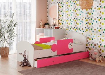 Кровать детская с ящиком и бортиками Мозайка, корпус Белый/фасад Розовый (ламели) в Симферополе