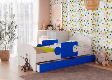 Кровать детская с ящиком и бортиками Мозайка, корпус Белый/фасад Синий (щиты) в Симферополе
