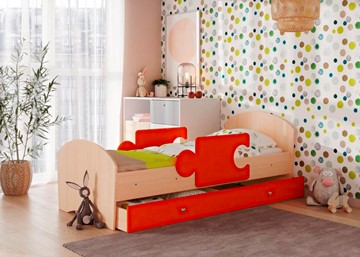 Детская кровать с ящиком и бортиками Мозайка, корпус Млечный дуб/фасад Оранжевый (ламели) в Симферополе