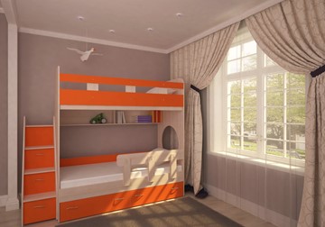 Детская 2-ярусная кровать Ярофф Юниор-1 с бортом, каркас Дуб, фасад Оранжевый в Симферополе