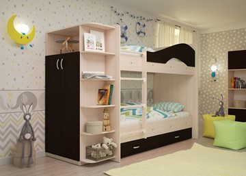 Детская 2-ярусная кровать Мая на щитах со шкафом и ящиками, корпус Млечный дуб, фасад Венге в Симферополе - предосмотр