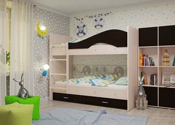 Детская  двухъярусная кровать Мая с 2 ящиками на щитах, корпус Млечный дуб, фасад Венге в Симферополе - предосмотр 1