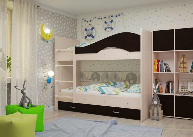 Детская  двухъярусная кровать Мая с 2 ящиками на щитах, корпус Млечный дуб, фасад Венге в Симферополе - изображение 1