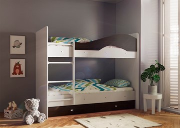 Детская  двухъярусная кровать Мая с 2 ящиками на щитах, корпус Млечный дуб, фасад Венге в Симферополе - предосмотр