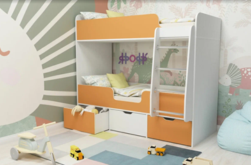 Детская 2-этажная кровать Малыш двойняшка 70х160, корпус Белое дерево, фасад Оранжевый в Симферополе