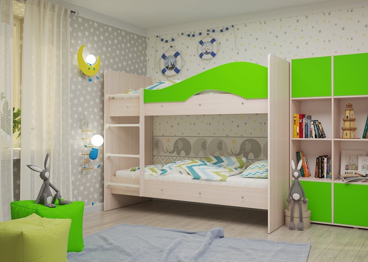 Детская 2-х ярусная кровать Мая на щитах, корпус Млечный дуб, фасад Салатовый в Симферополе - изображение 1