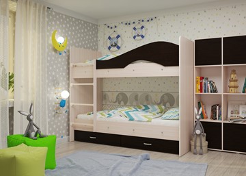 Детская 2-ярусная кровать Мая на щитах со шкафом и ящиками, корпус Млечный дуб, фасад Венге в Симферополе - предосмотр 1