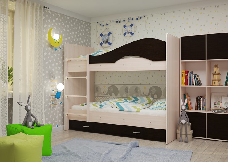 Детская 2-ярусная кровать Мая на щитах со шкафом и ящиками, корпус Млечный дуб, фасад Венге в Симферополе - изображение 1