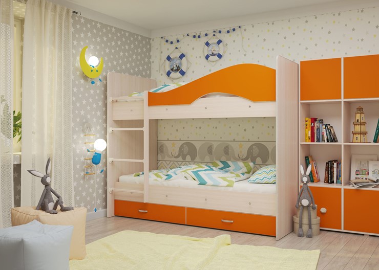Кровать 2-ярусная Мая с 2 ящиками на щитах, корпус Млечный дуб, фасад Оранжевый в Симферополе - изображение 3