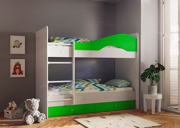 Двухэтажная детская кровать Мая с 2 ящиками на щитах, корпус Млечный дуб, фасад Салатовый в Симферополе