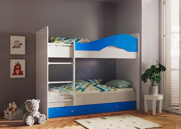 Двухэтажная кровать Мая с 2 ящиками на щитах, корпус Млечный дуб, фасад Синий в Симферополе - предосмотр