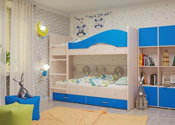Двухэтажная кровать Мая с 2 ящиками на щитах, корпус Млечный дуб, фасад Синий в Симферополе - предосмотр 3