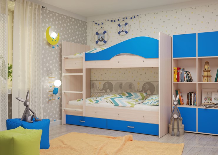 Двухэтажная кровать Мая с 2 ящиками на щитах, корпус Млечный дуб, фасад Синий в Симферополе - изображение 3