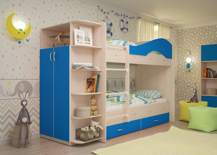 Двухэтажная кровать Мая с 2 ящиками на щитах, корпус Млечный дуб, фасад Синий в Симферополе - изображение 1