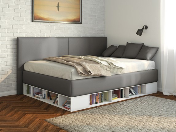Подростковая кровать Lancaster 1, 120х200, ЛДСП белая, экокожа серая в Симферополе - изображение