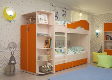 Детская 2-х ярусная кровать Мая на щитах со шкафом и ящиками, корпус Млечный дуб, фасад Оранжевый в Симферополе