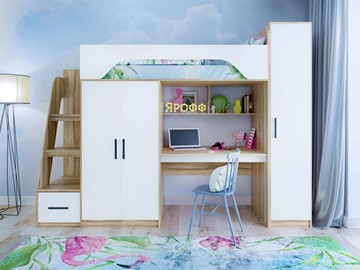 Детская кровать-чердак с шкафом Тея, каркас Ясень, фасад Белый в Симферополе - предосмотр