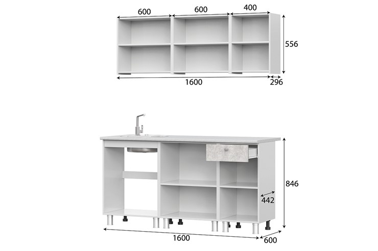 Готовая кухня КГ-1 1600, белый/белый/цемент светлый/антарес в Симферополе - изображение 2