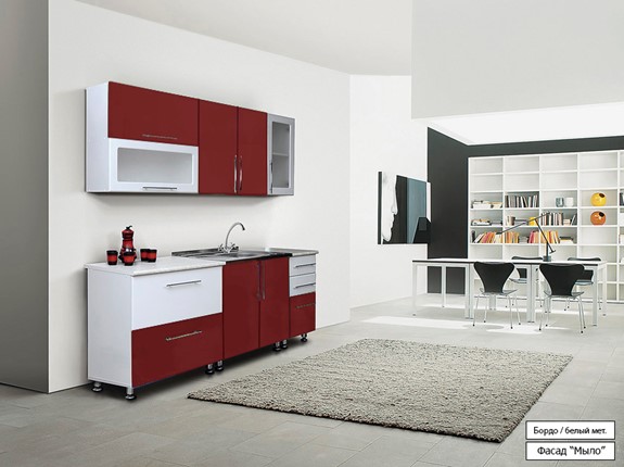 Кухонный гарнитур Мыло 224 2000х718, цвет Бордо/Белый металлик в Симферополе - изображение