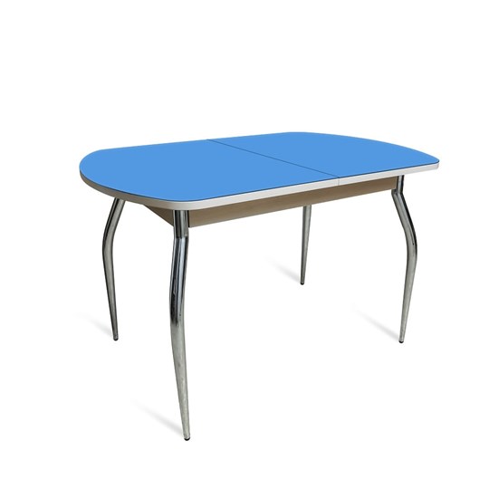 Стол раздвижной ПГ-01 СТ2, дуб молочный/синие стекло/35 хром гнутые металл в Симферополе - изображение 1