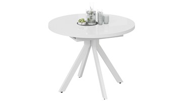 Кухонный стол раздвижной Стокгольм Тип 1 (Белый муар/Стекло глянцевое белое) в Симферополе