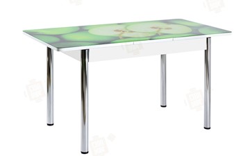 Кухонный раздвижной стол Айсберг-01 СТФ, белый/фотопечать зеленые яблоки/ноги хром круглые в Симферополе - предосмотр