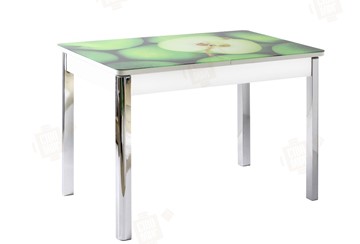 Кухонный стол раскладной Айсберг-01 СТФ, белый/фотопечать зеленые яблоки/ноги хром квадратные в Симферополе