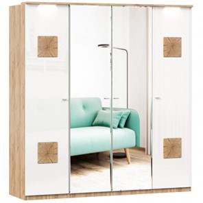 Шкаф 4х-дверный Фиджи с 2 зеркалами и декоративными накладками, Дуб золотой/Белый в Симферополе